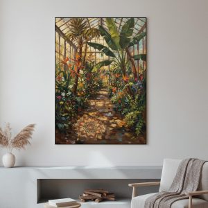 Oil painting of a sunlit path in a tropical greenhouse