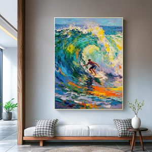 Abstract oil painting of ocean waves and surfers