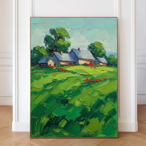 Countryside Cottages in a Green Poppy Meadow Canvas Painting