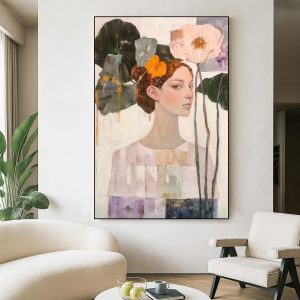 Elegant Woman with Abstract Garden Flowers Canvas Painting
