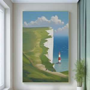 Coastal white cliffs and lighthouse landscape oil painting