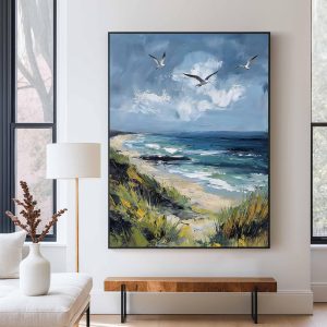 Seagulls Flying over a Windswept Coast Canvas Painting